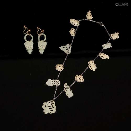 十九世紀 玉項鏈及耳環一對A set of Chinese jade necklace and ...