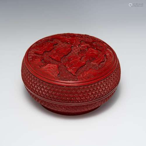 十九世紀 剔紅山水人物捧盒A Chinese carved cinnabar box， 19th...