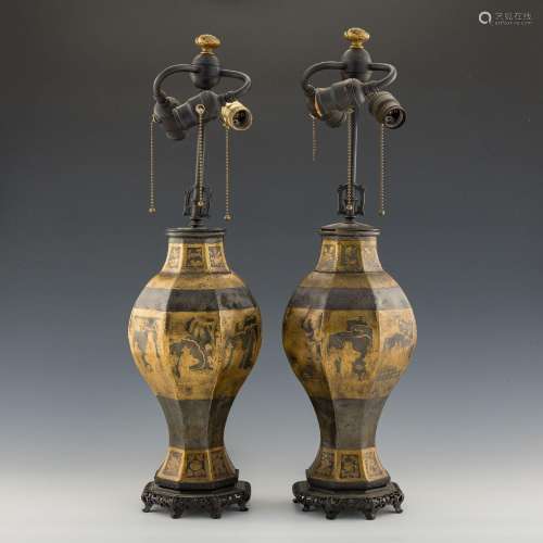 十九世紀 錫鎏金瓶改臺燈一對A pair of Chinese gilt-tin vase l...
