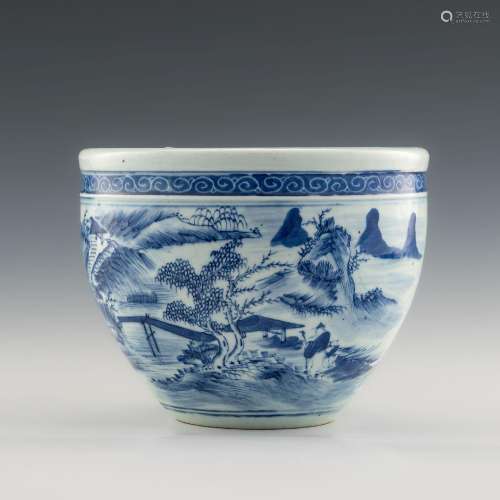 十九世紀早 青花山水卷缸A Chinese blue and white jar， early 1...