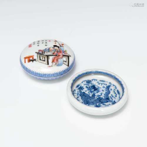 民國 粉彩及青花文房兩件Two Chinese porcelain scholar's items...
