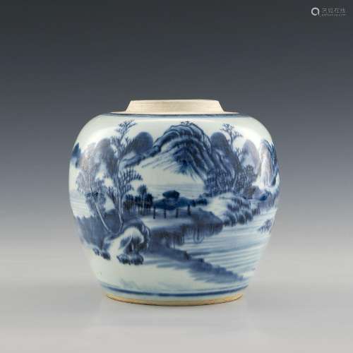 十八世紀 青花山水罐A Chinese blue and white jar， 18th centur...