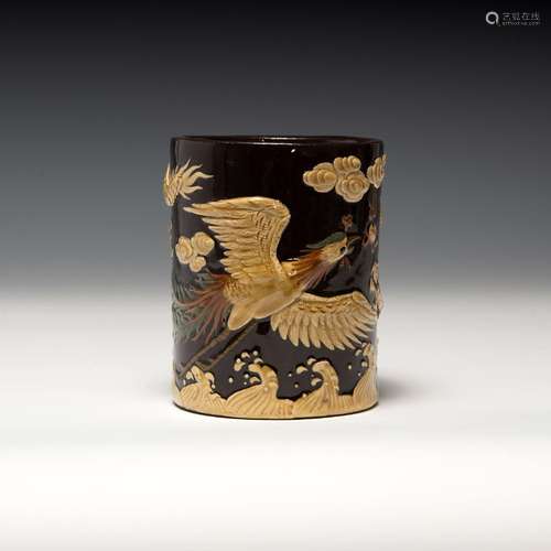 民國 雕瓷龍鳳紋筆筒A Chinese carved porcelain brush pot， Rep...