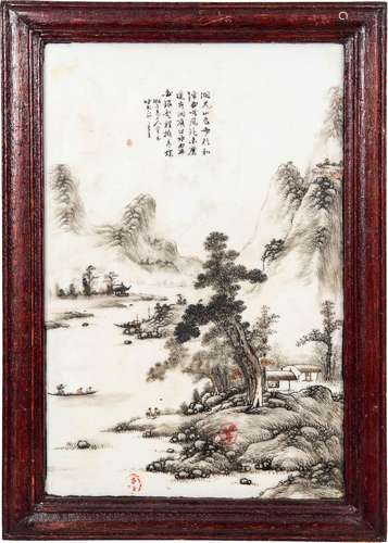 民國 墨彩山水詩文瓷板A Chinese porcelain plaque with poem， R...