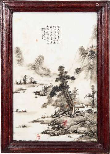 民國 墨彩山水詩文瓷板A Chinese porcelain plaque with poem， R...