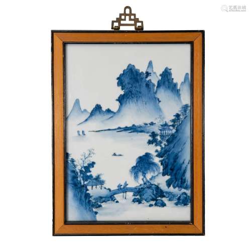 二十世紀早 藍料彩山水瓷板A Chinese blue enamel porcelain pla...