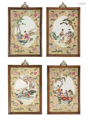 1950-1970 錦地開窗粉彩仕女瓷板四塊一套A set of four Chinese ...