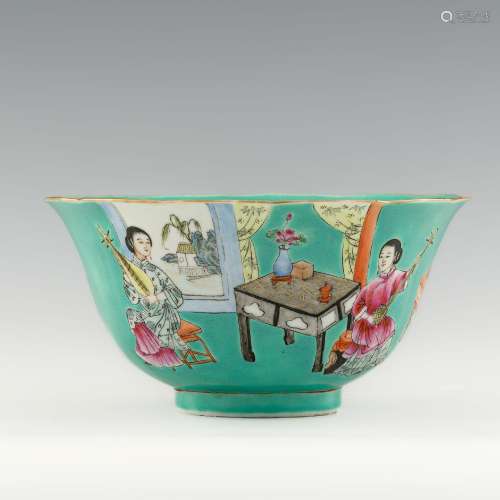 民國 綠地粉彩人物碗A Chinese green-ground famille rose bowl，...