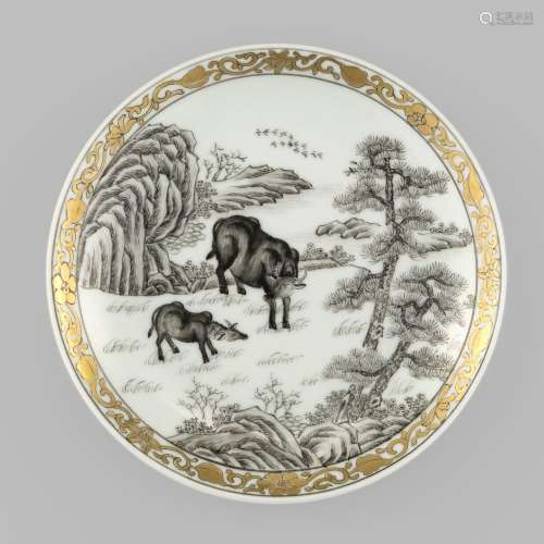 十八世紀 外銷墨彩盤A Chinese export grisaille plate， 18th ce...