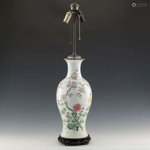 民國 粉彩花卉觀音瓶改臺燈A Chinese famille rose Guanyin vase...