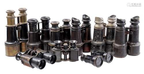 9 various old binoculars