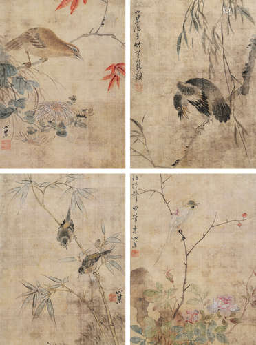 王 素 花鳥 四屏 設色絹本-鏡架