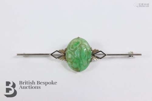 Chinese 9ct white gold and carved jade panel brooch