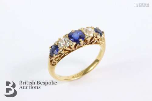 Antique 18ct yellow gold peacock blue sapphire and diamond r...