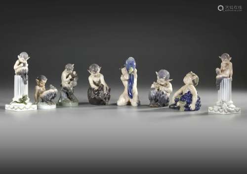 A SET OF 8 ROYAL COPENHAGEN FAUN FIGURINES, MID 20TH CENTURY