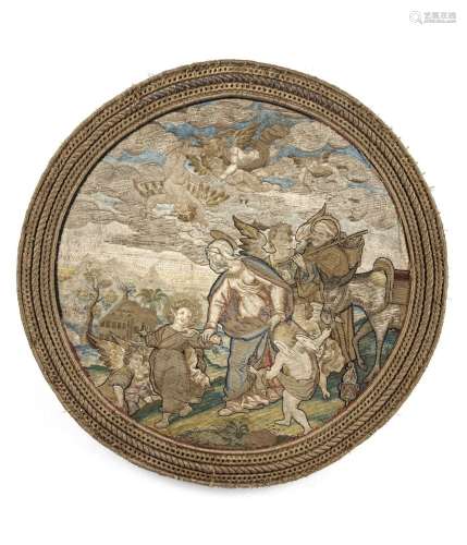 ROUND ORPHREY PANEL - RETURN FROM EGYPT, 17TH CENTURY