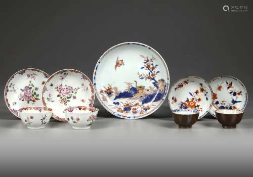 FOUR CHINESE CUPS AND SAUCERS WITH A DISH, 18TH CENTURY