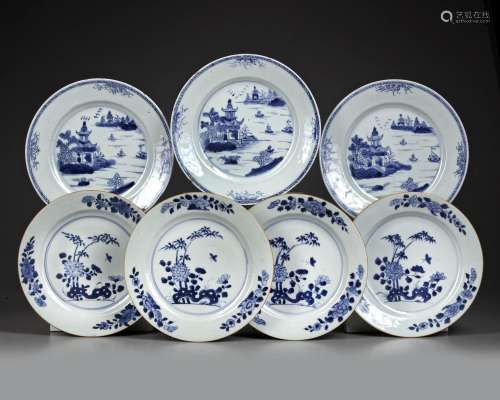 SEVEN CHINESE BLUE AND WHITE DISHES, 18TH CENTURY