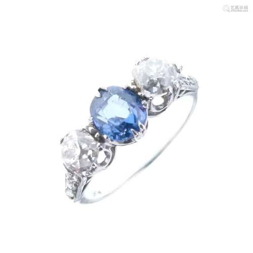 Sapphire and diamond three-stone ring