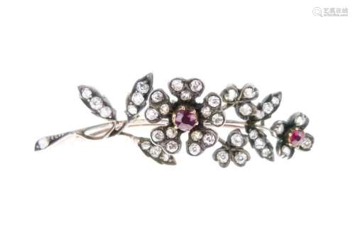 Late Victorian diamond and ruby naturalistic floral brooch