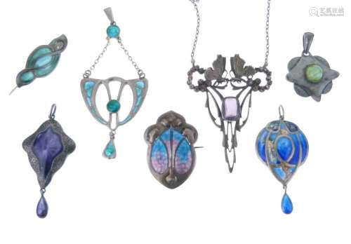 Collection of five Art Nouveau pendants,