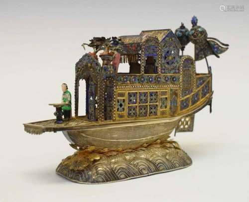 Chinese white metal and enamel model of a junk
