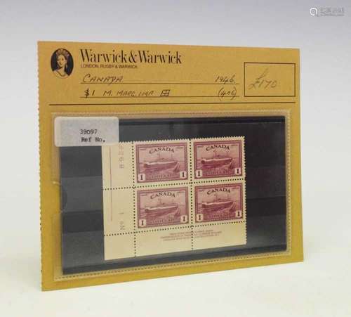 Canada - 1946 $1 block of four corner marginal postage stamp...