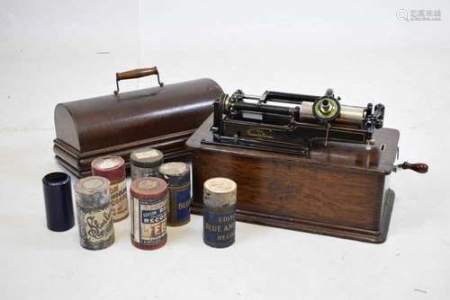 Oak cased Edison Home Phonograph with a large collection of ...