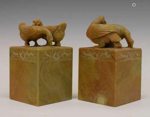Large pair of Chinese carved soapstone imitation seals, etc.