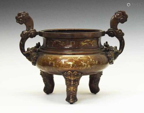 Impressive Chinese inlaid bronze tripod censer