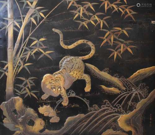 Large Japanese lacquer panel of a tiger