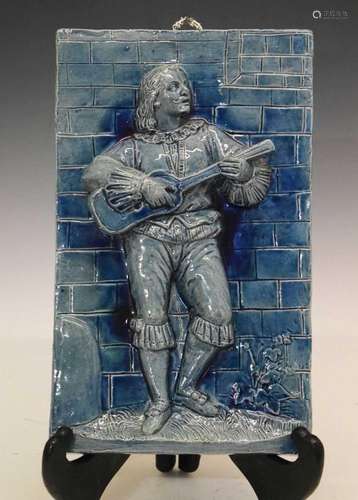 Blue glazed majolica tile plaque