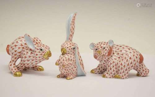 Herend, Hungary - Porcelain models of two hares and a bear