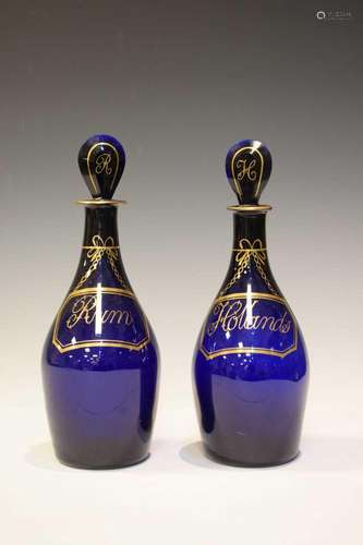 Two early 19th Century Bristol blue glass decanters