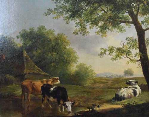 Circle of William Shayer - Oil on canvas - Cattle watering