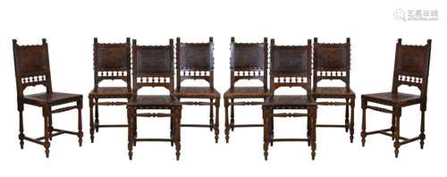 Set of eight fruitwood and leather chairs