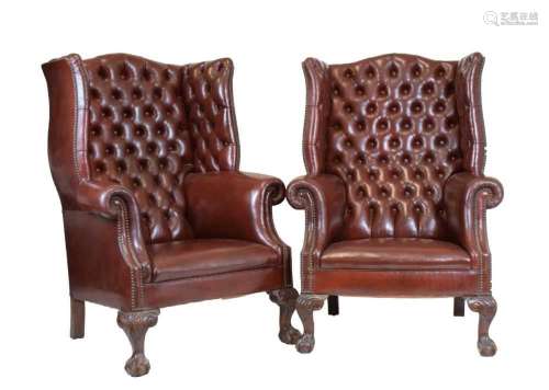 Good pair of deep buttoned oxblood leather wing armchairs