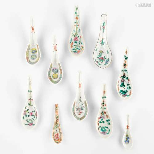 A set of 10 Chinese Famille Rose spoons with flowers and fig...