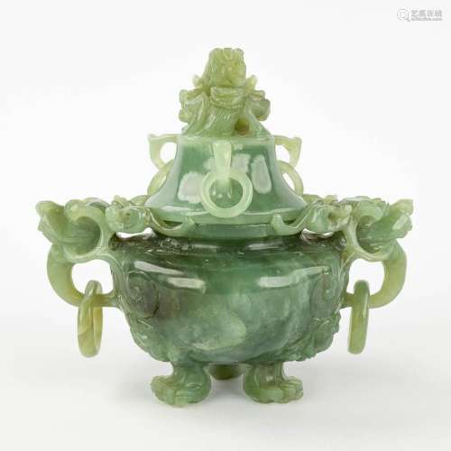 A Chinese 'Censer', sculptured jade with rings. (L: 10 x W: ...
