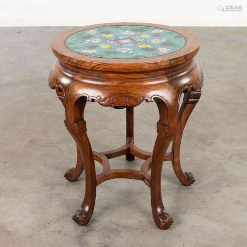 A Chinese hardwood stand with a cloisonné top. (H: 41 x D: 4...