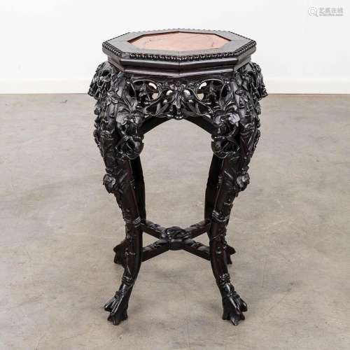 A Chinese hardwood stand, inlaid with a marble top. (H: 61 x...