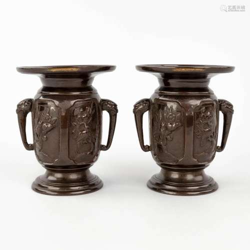 A pair of Japanese bronze vases, decorated with birds. Meji ...