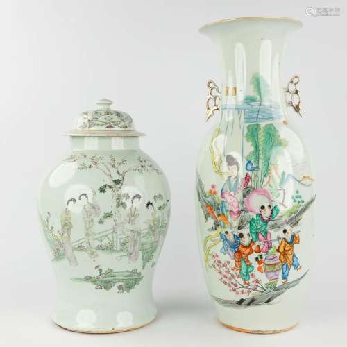 A Chinese vase and vase with lid, decorated with ladies. 19t...