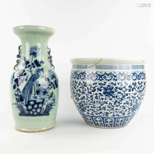 A Chinese cache-pot and Celadon vase, both with a blue-white...