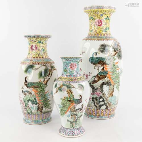A collection of 3 Chinese vases, hand-painted decor with pea...