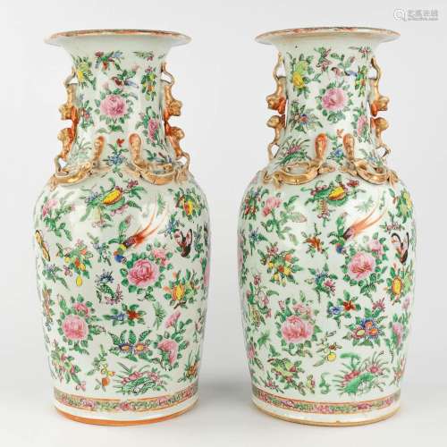 A pair of Canton Chinese vases with fauna and flora decor. 1...