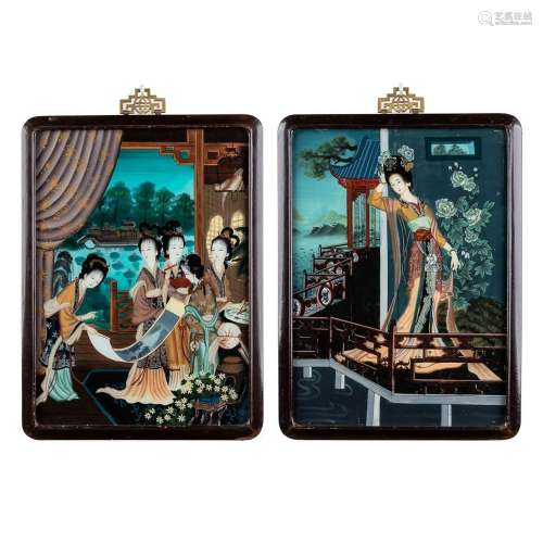 A pair of Chinese eglomisé reverse glass paintings. (W: 44 x...