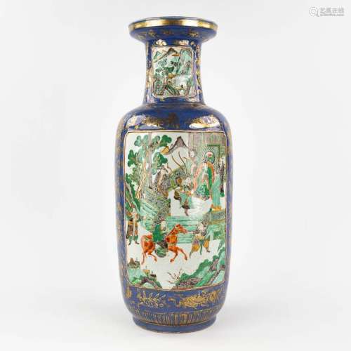 A Chinese vase with a blue decor of warriors and the emperor...