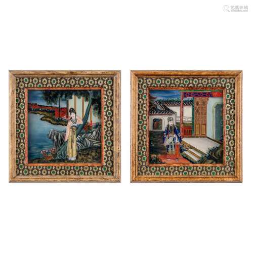 A pair of Chinese reverse glass paintings, Eglomisé. (W: 24 ...