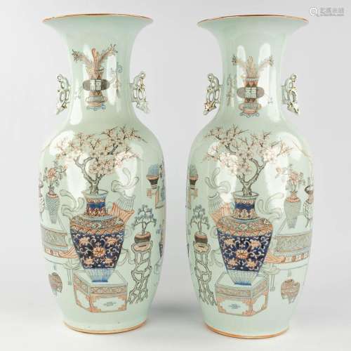 A pair of Chinese vases decorated with antiquities and bonsa...